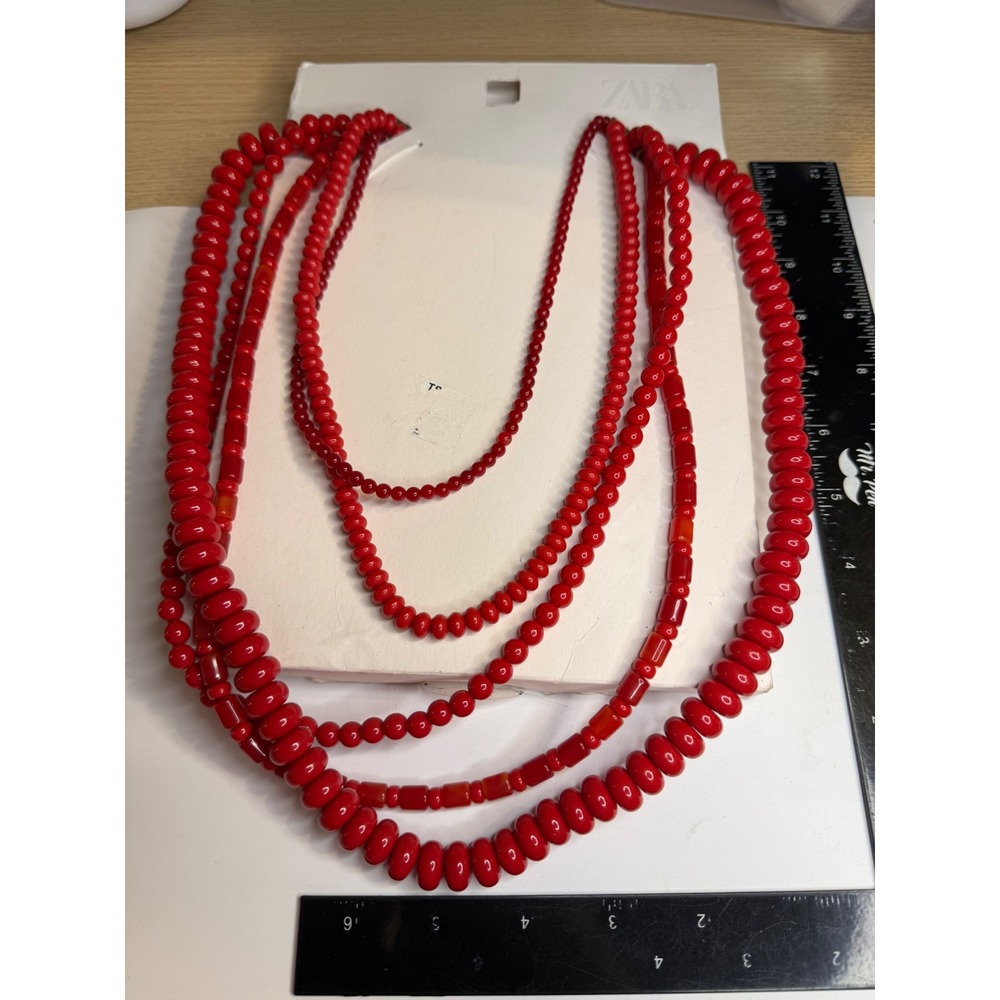 ZARA Red Multi Strand Beaded Statement Necklace 4736/105/600 NWT
